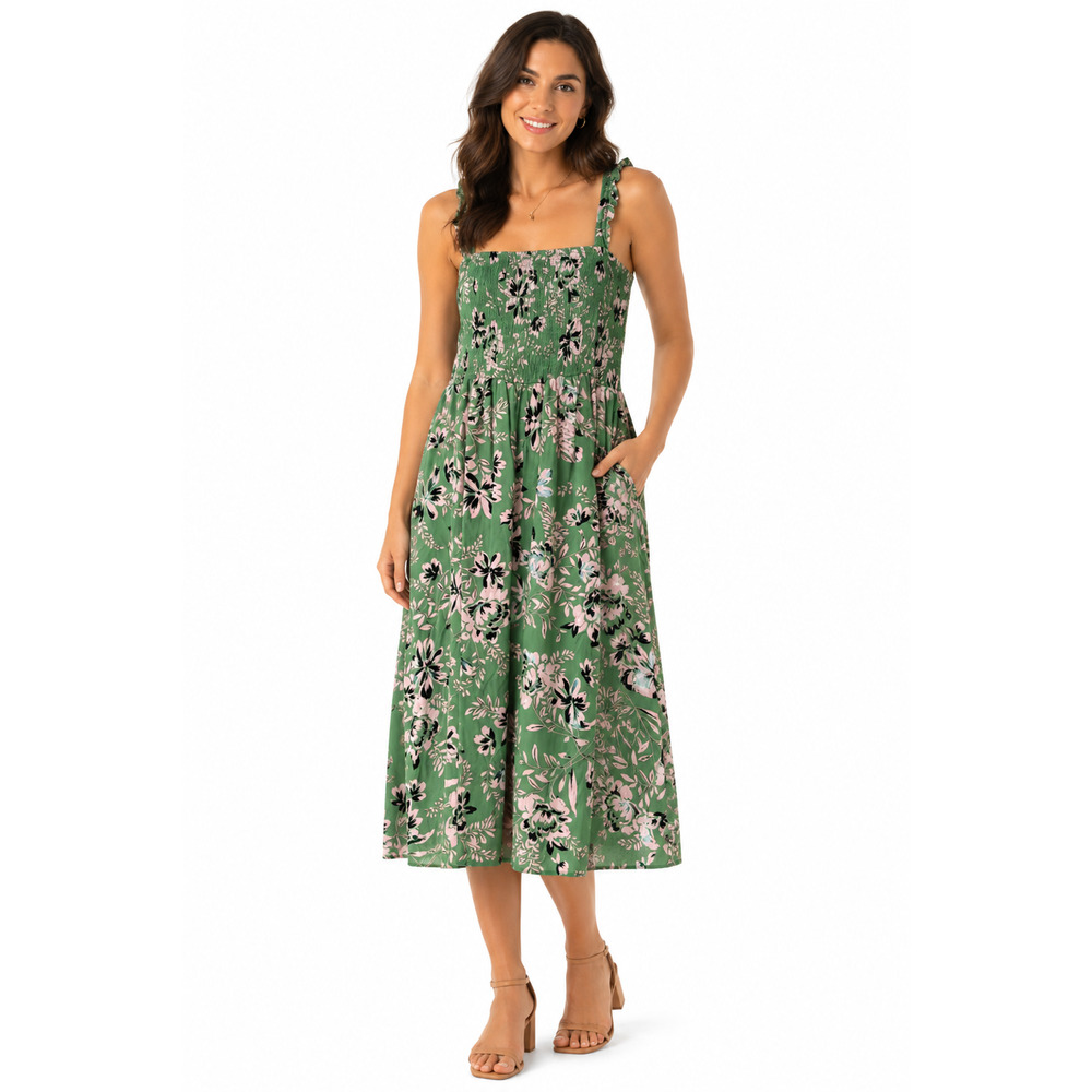 Torrid Green Smocked Midi Sleeveless Casual Summer Dress Rayon Pockets 00/M / L